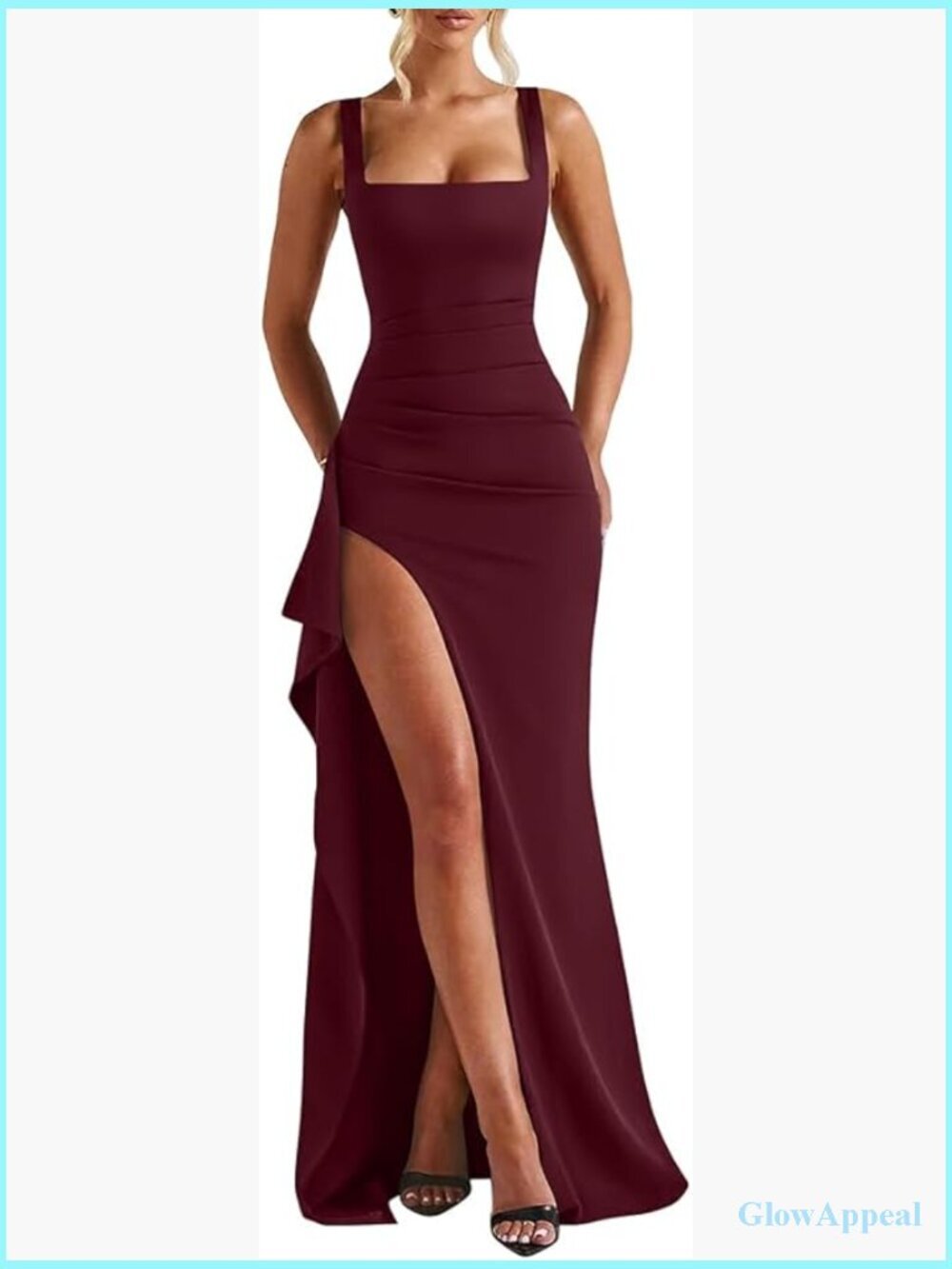 Sleeveless Square Neck Bodycon Formal Maxi Dress Ruched High Split